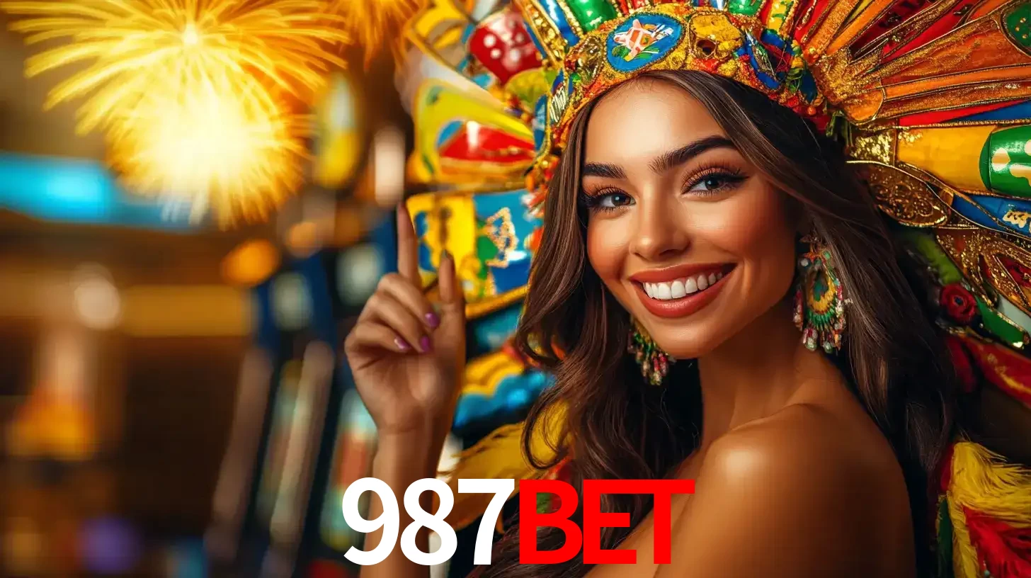 Mulher sorridente com um cocar de carnaval vibrante e colorido, celebrando uma grande vitória nos jogos do cassino 987bet com fogos de artifício ao fundo.