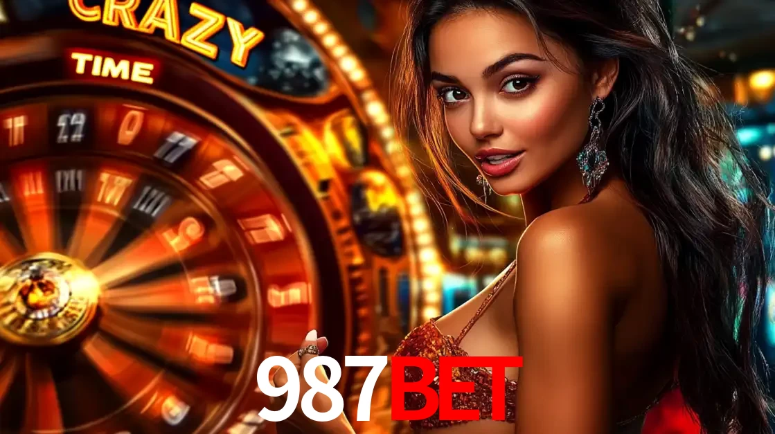 Mulher ao lado da roda de prêmios do jogo de cassino ao vivo Crazy Time, um dos shows de jogos mais emocionantes oferecidos pela plataforma de apostas 987bet.