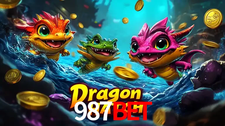 Arte promocional do jogo Dragon Hatch com três adoráveis dragões bebês nadando entre moedas de ouro, um dos slots mais divertidos para jogar no cassino 987bet.