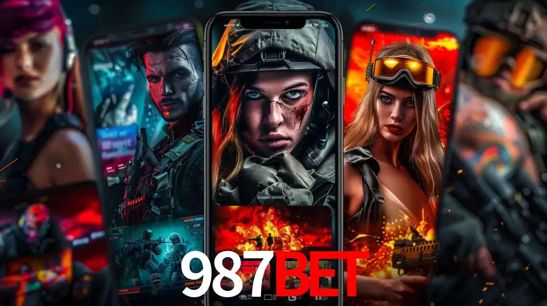 Montagem de telas de celular mostrando diversos personagens, masculinos e femininos, de um jogo de tiro, ilustrando a diversidade de equipes de e-sports para apostar no 987bet.