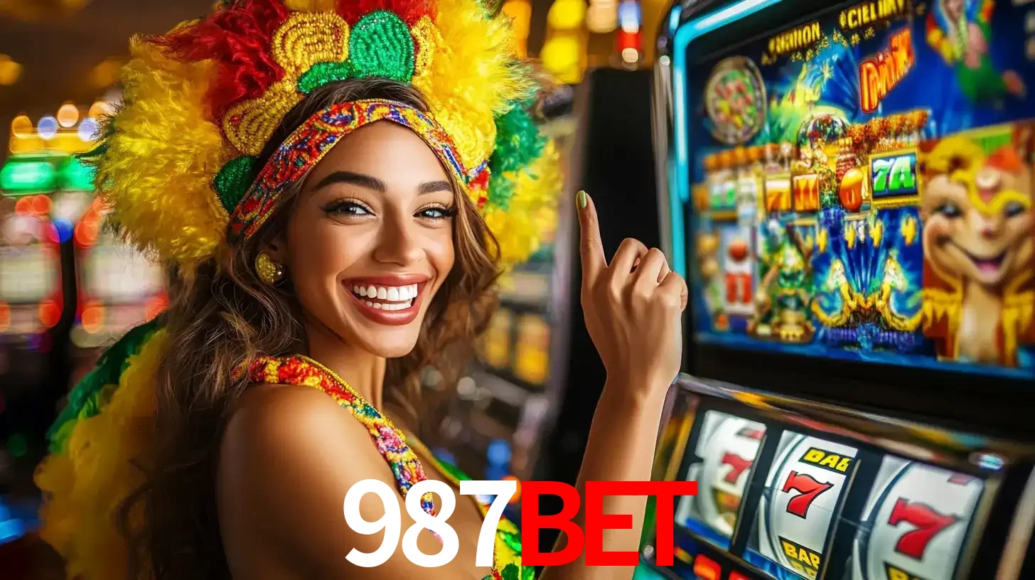 Mulher animada com um cocar de carnaval apontando para uma máquina de caça-níqueis, mostrando a emoção de ganhar um grande prêmio nos jogos do 987bet.