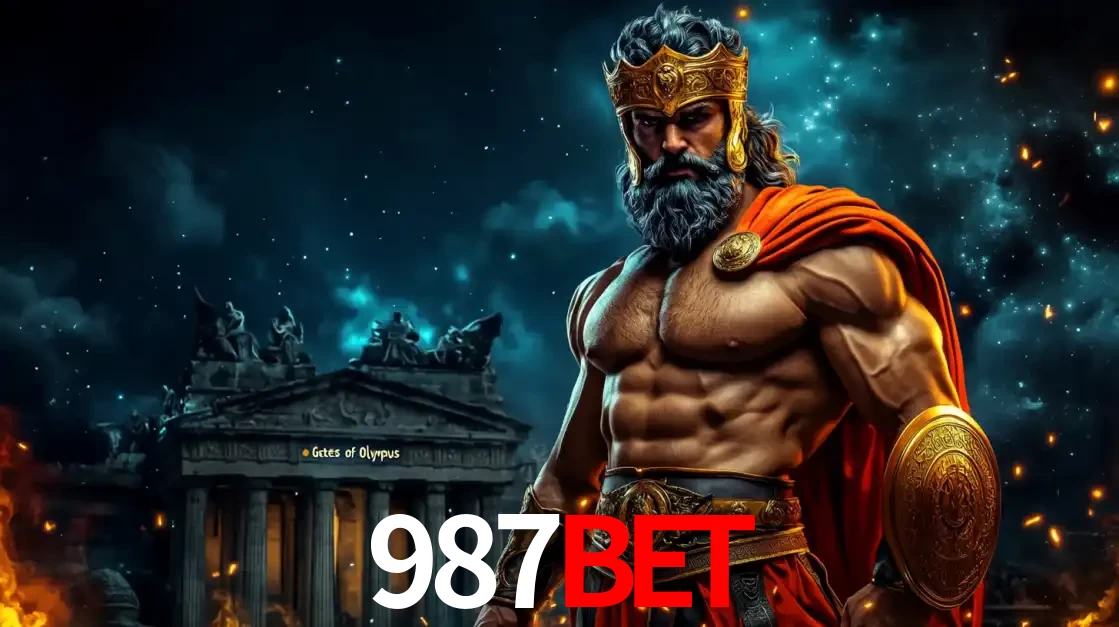O poderoso Zeus do jogo de slot Gates of Olympus em frente ao seu templo, pronto para lançar multiplicadores divinos e prêmios épicos no cassino online 987bet.