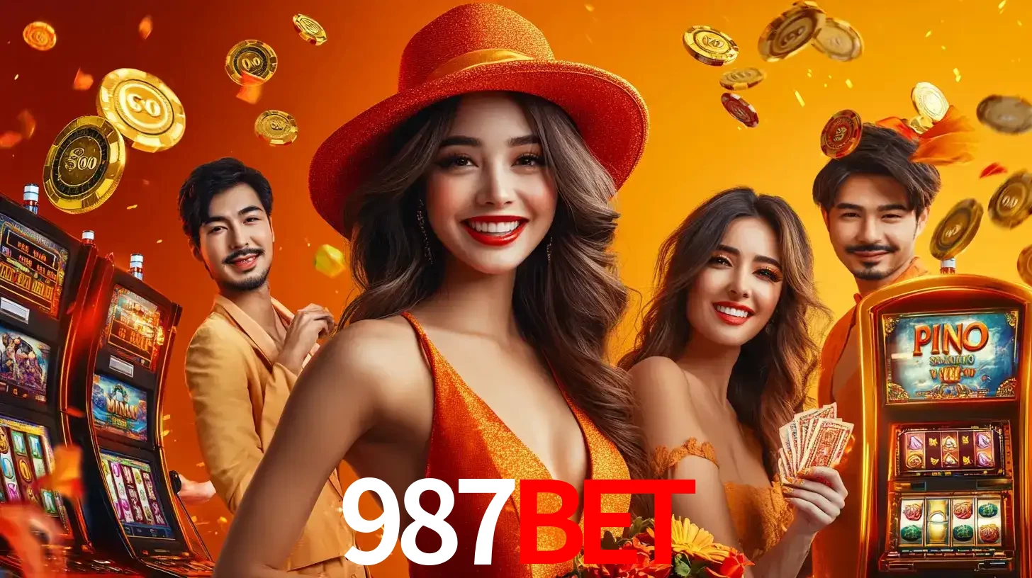 Grupo de amigos asiáticos sorrindo e se divertindo com máquinas de caça-níqueis em um ambiente festivo, celebrando suas vitórias nos jogos de cassino do 987bet.