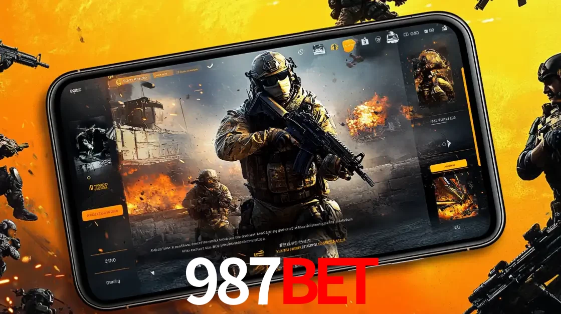 Um smartphone exibindo a interface de um jogo de tiro em primeira pessoa, com um soldado em um cenário de batalha, representando a ação dos e-sports para apostar no 987bet.