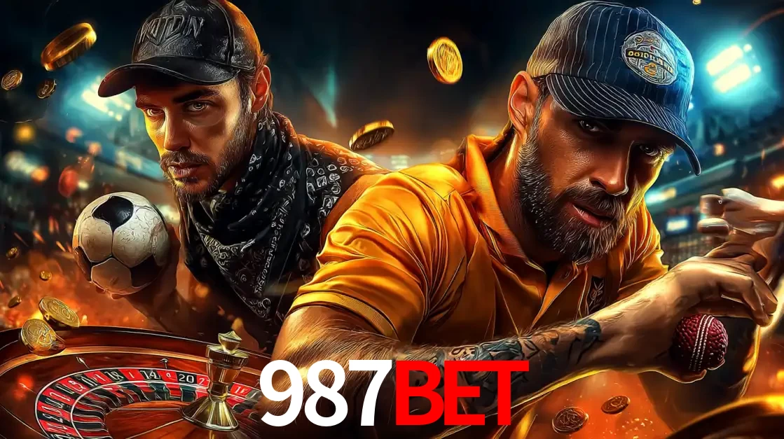 Montagem de apostas esportivas e cassino no 987bet, com um homem segurando uma bola de futebol e outro uma de beisebol sobre uma roleta e moedas voadoras.