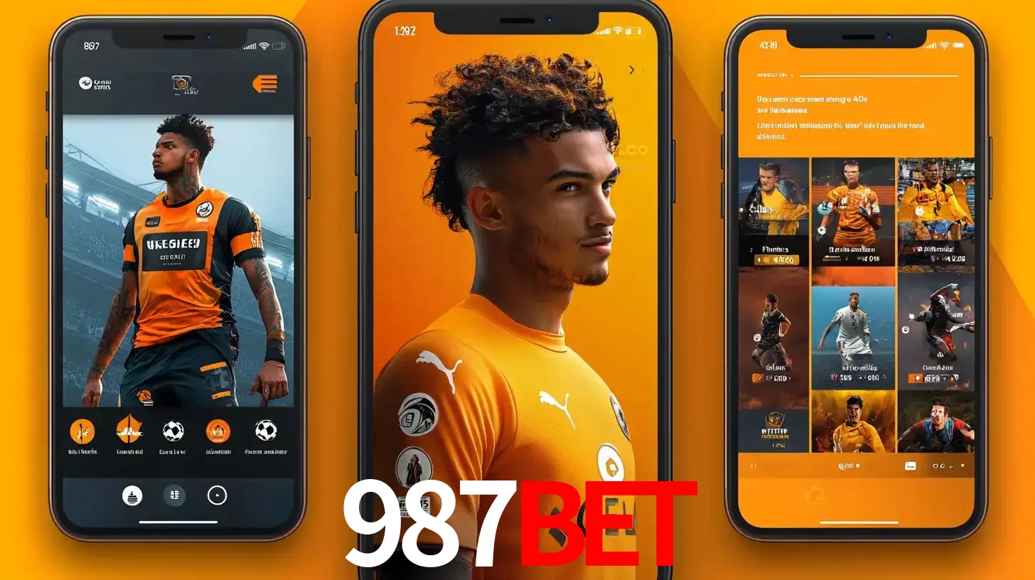 Interface do aplicativo de apostas esportivas 987bet em três telas de celular, mostrando o perfil de um jogador de futebol e a lista de jogos disponíveis para apostar.