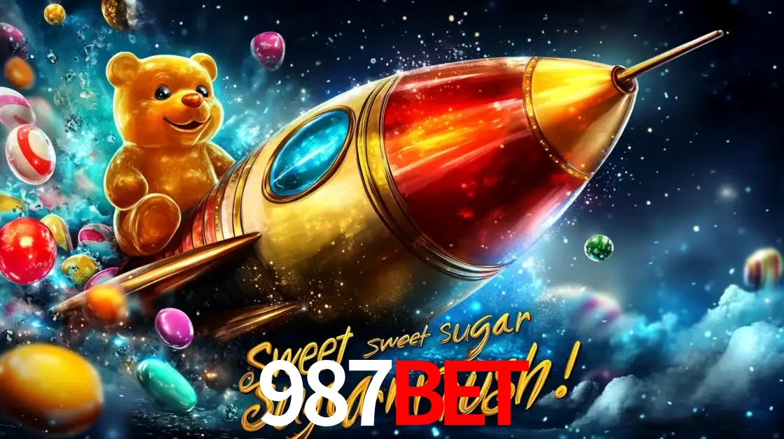 Arte promocional do jogo de slot Sugar Rush, com um urso de pelúcia em um foguete viajando pelo espaço de doces, um dos jogos divertidos disponíveis no cassino 987bet.
