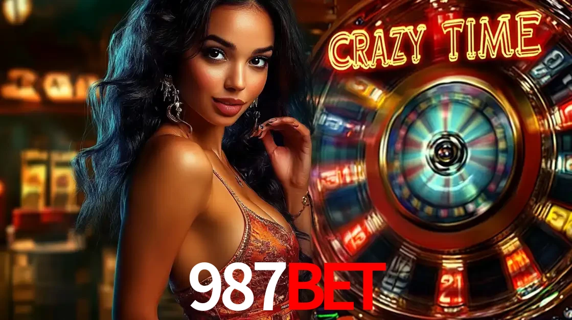 Mulher elegante ao lado da vibrante roda da fortuna do jogo de cassino ao vivo Crazy Time, um dos game shows mais populares e cheios de prêmios do 987bet.