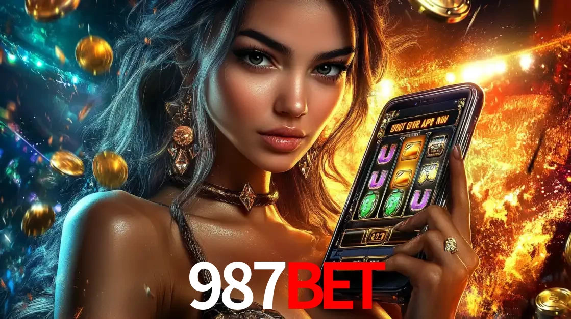 Mulher elegante mostrando um jogo de caça-níqueis em seu smartphone, destacando a experiência de cassino móvel oferecida pelo aplicativo 987bet.