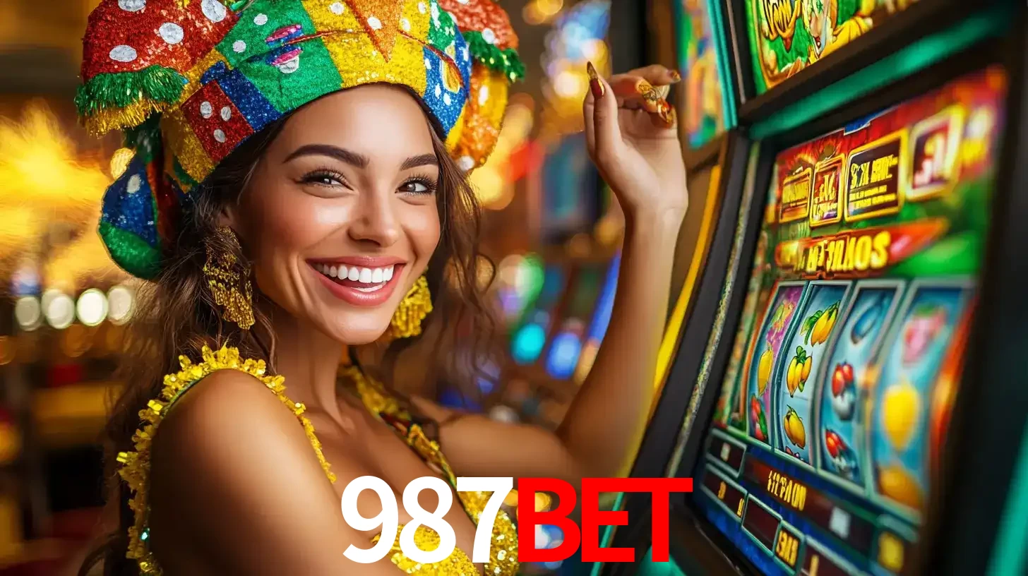 Mulher feliz com traje de carnaval amarelo e colorido ao lado de uma máquina de caça-níqueis, aproveitando a diversão e os jogos temáticos do cassino 987bet.