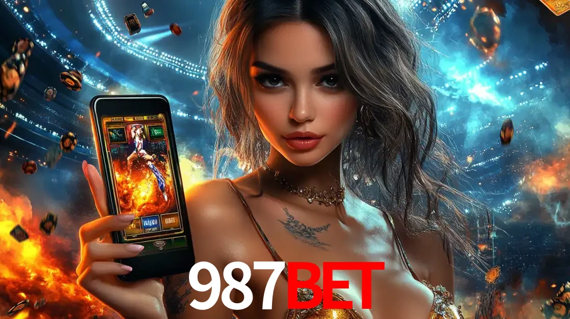 Mulher segurando um celular com um jogo de slot em destaque, tendo como fundo um estádio vibrante, simbolizando a emoção de jogar no cassino móvel 987bet.