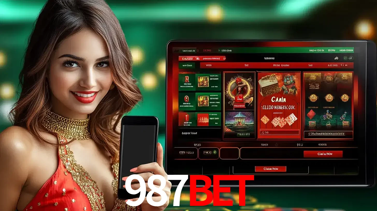 Mulher sorridente segurando um smartphone, ao lado de uma tela exibindo o lobby de jogos do cassino online 987bet, com várias opções de jogos de cartas e slots.